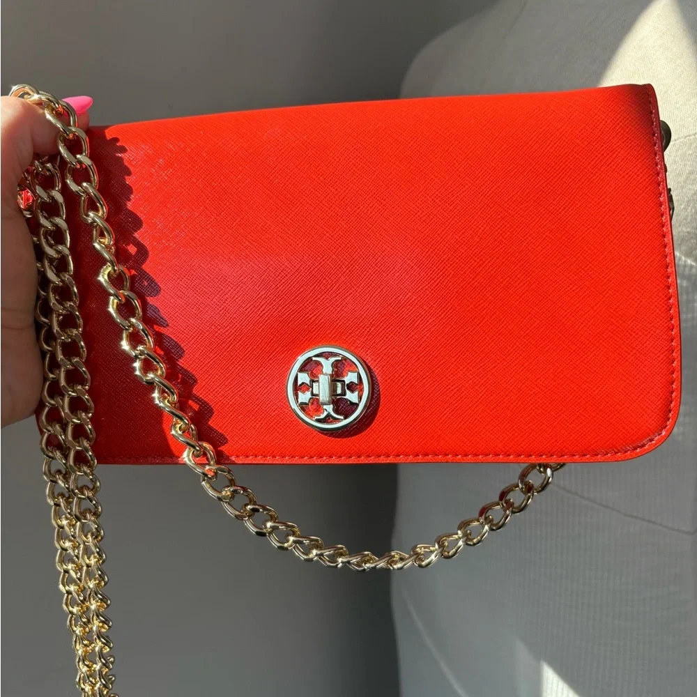 Tory Burch Vibrant Orange Leather Chain Shoulder Crossbody Bag